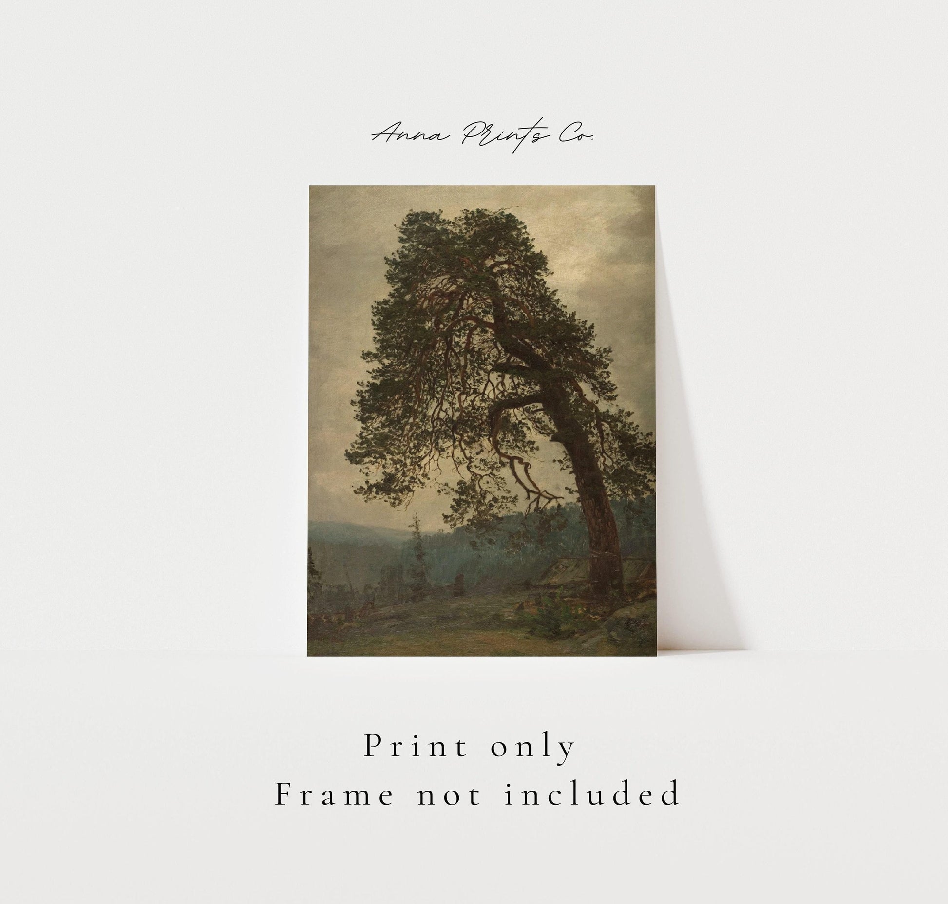 Vintage art print of Moody Landscape Tree Art with text overlay stating frame not included