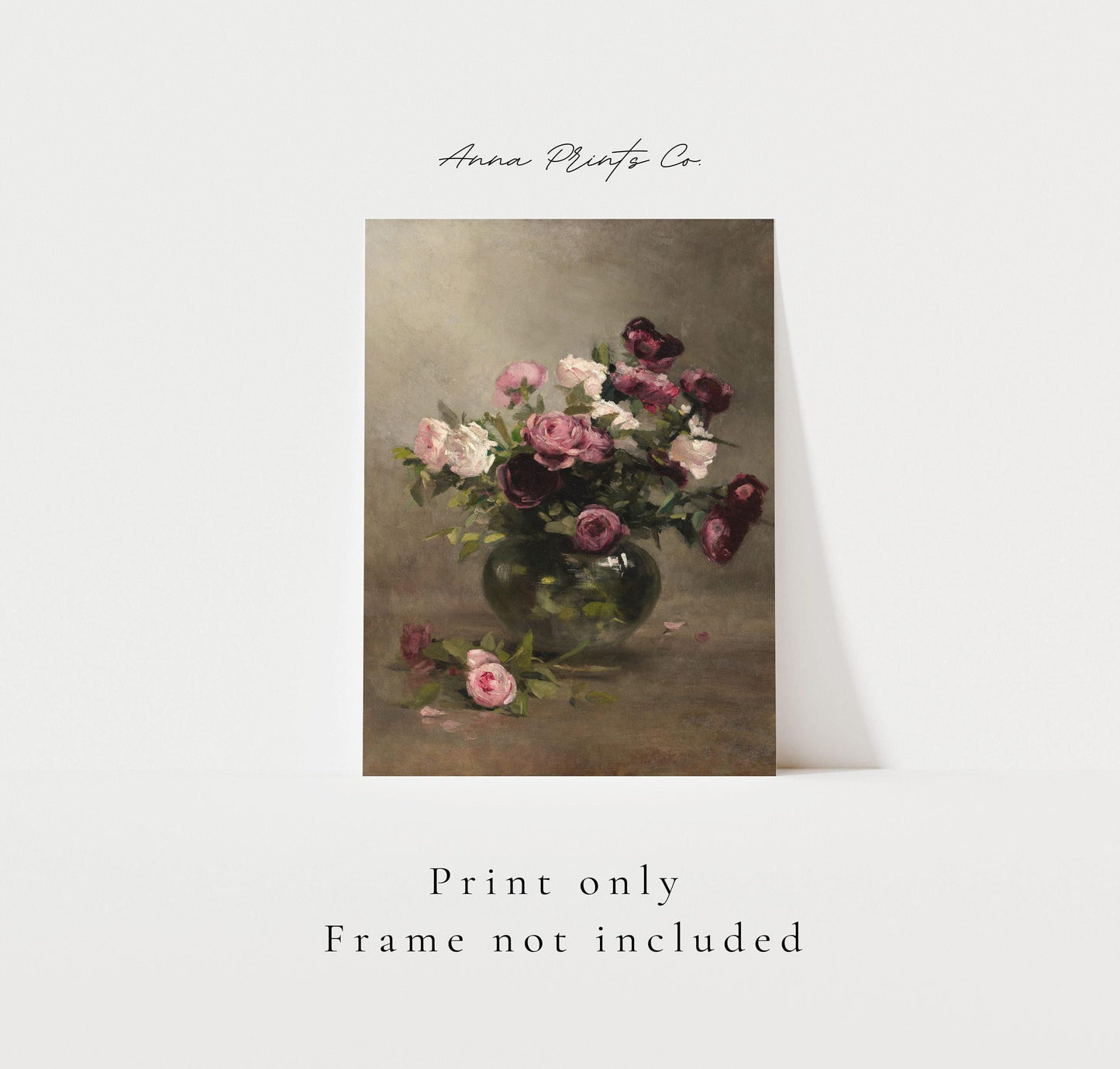 Vintage art print of Vase of Roses Still Life Painting with text overlay stating frame not included