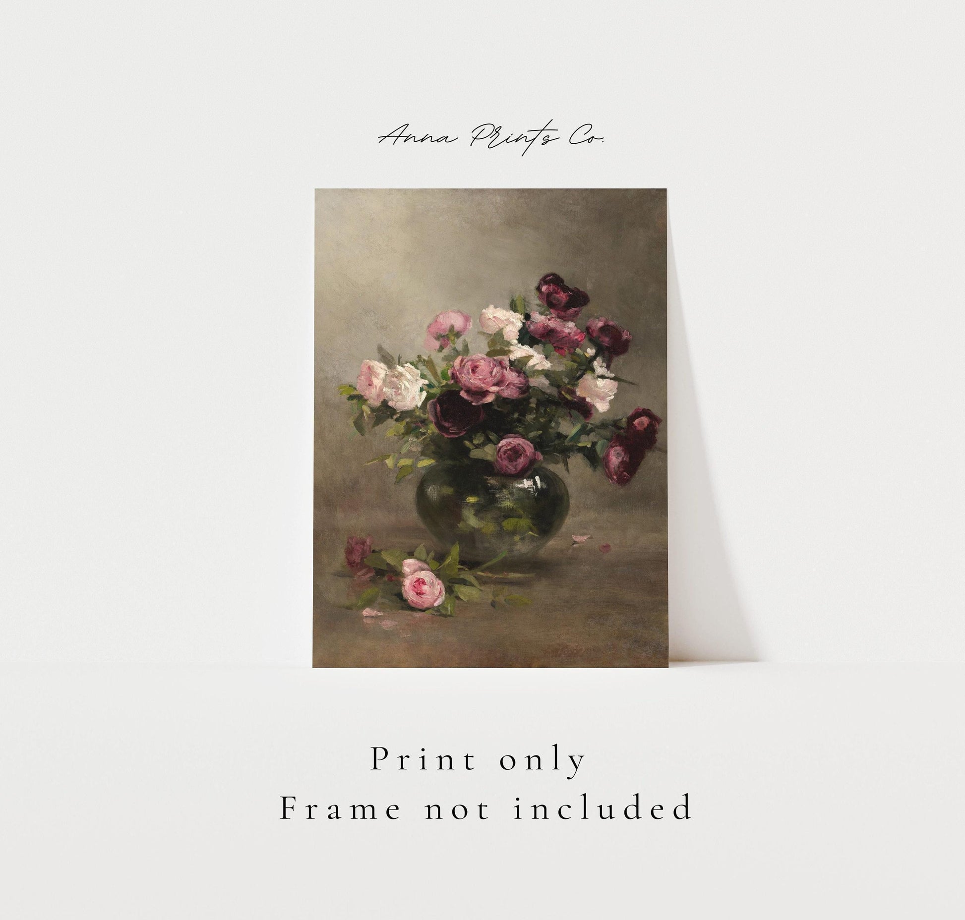 Vintage art print of Vase of Roses Still Life Painting with text overlay stating frame not included