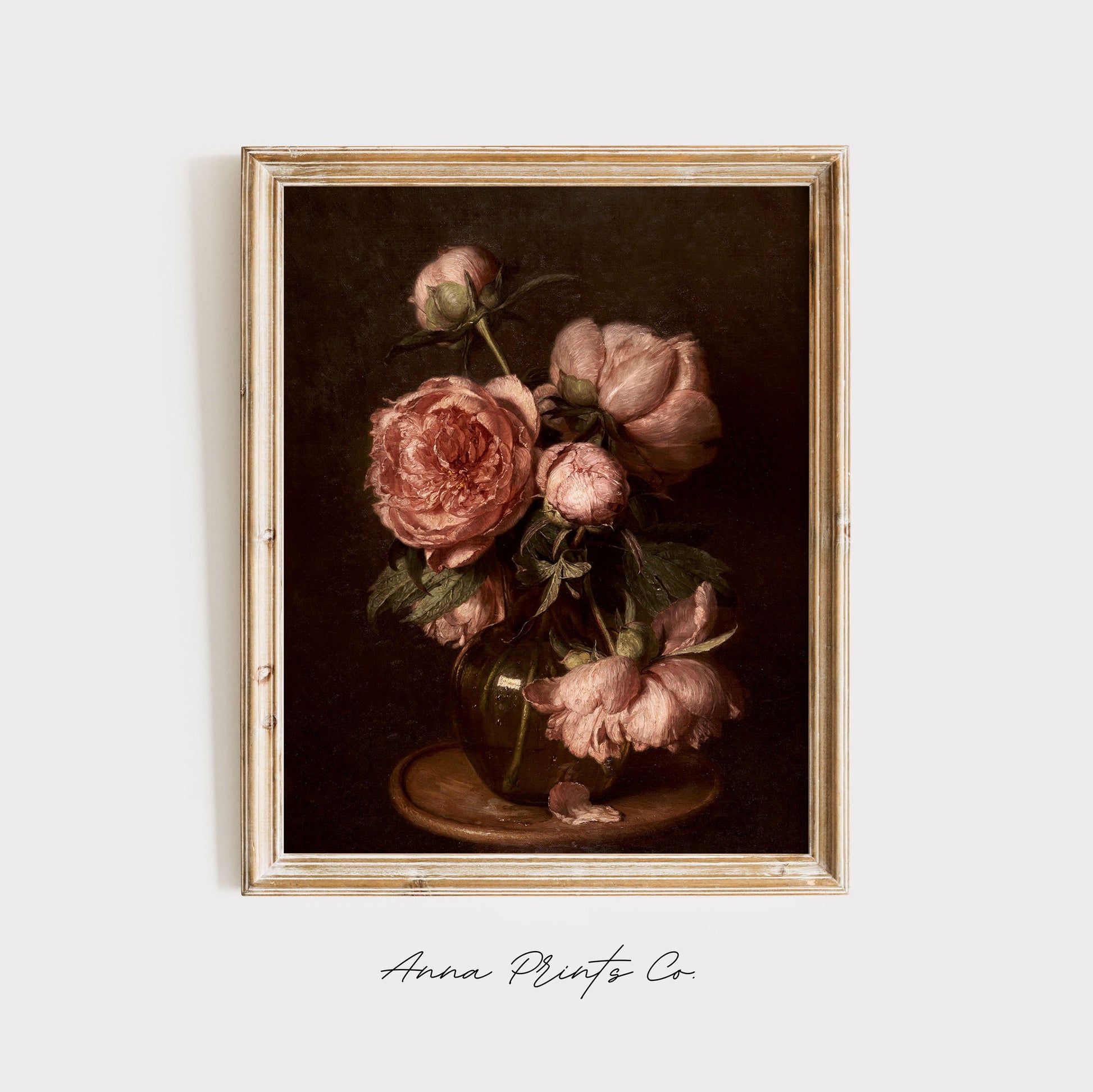 Vintage art print of Peonies Moody Floral Painting displayed in wooden frame