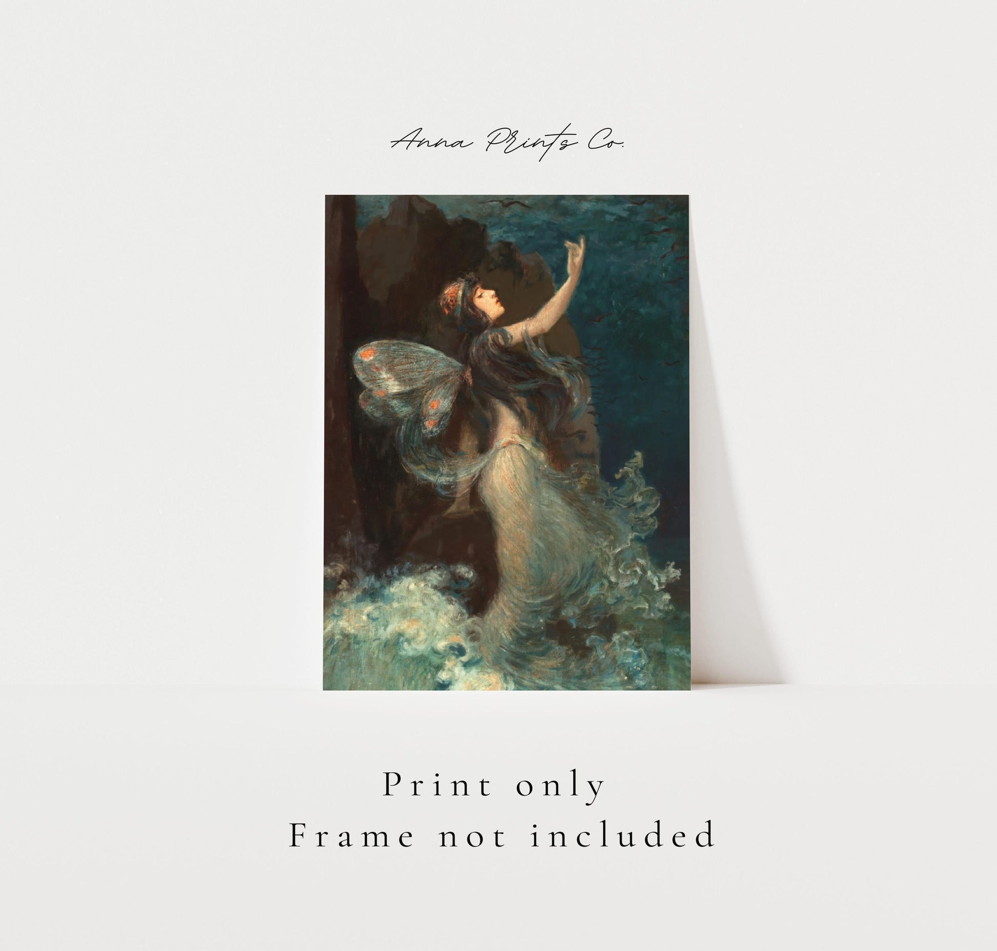 Vintage art print of Water Nymph Mythology Painting with text overlay stating frame not included