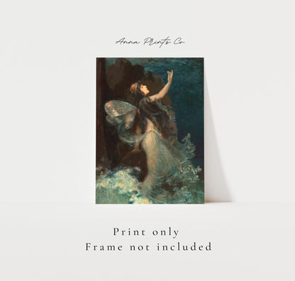 Vintage art print of Water Nymph Mythology Painting with text overlay stating frame not included