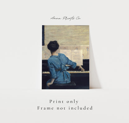 Vintage art print of Woman Playing Piano Painting with text overlay stating frame not included