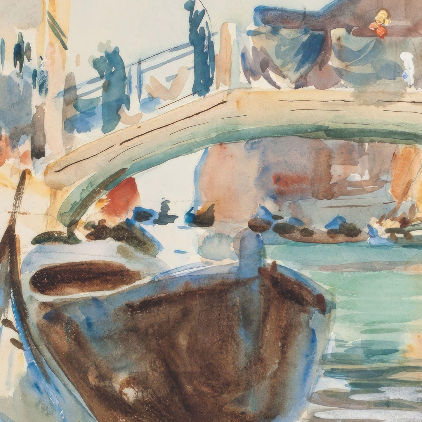 Watercolor painting of a boat on a body of water with people and buildings in the background.