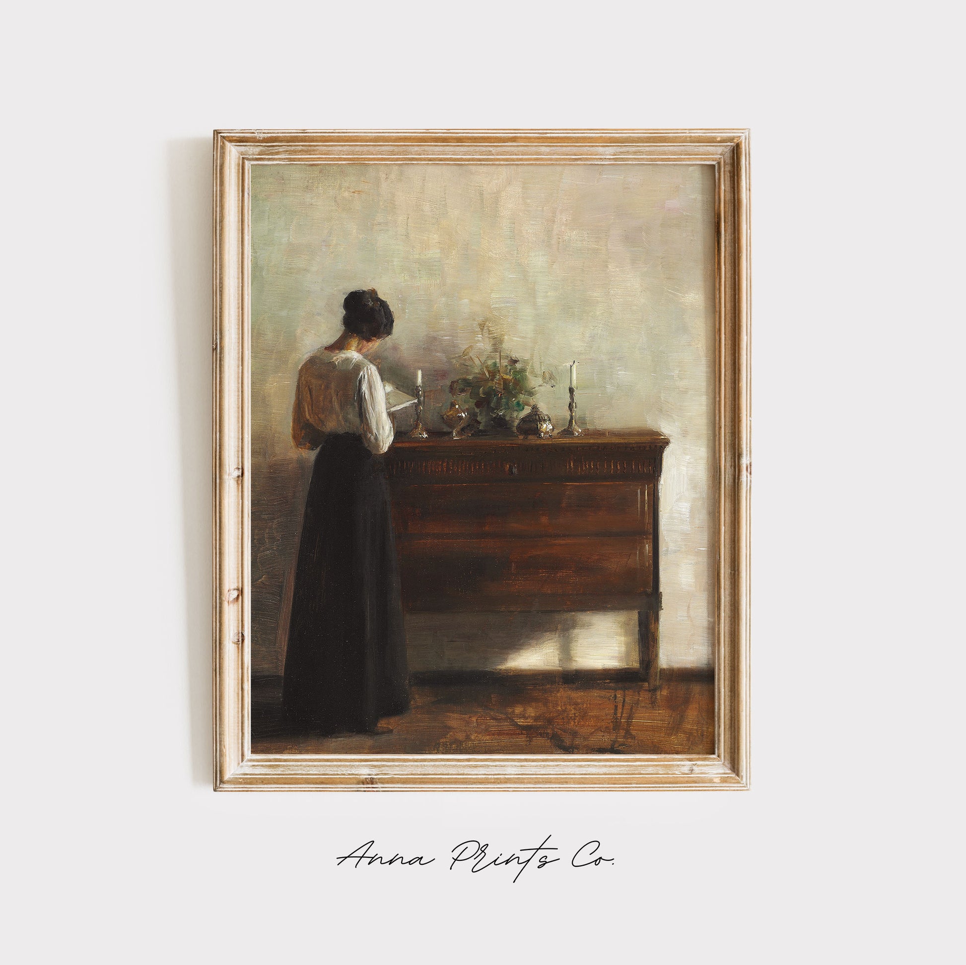 Vintage art print of Woman Reading Interior Painting displayed in wooden frame