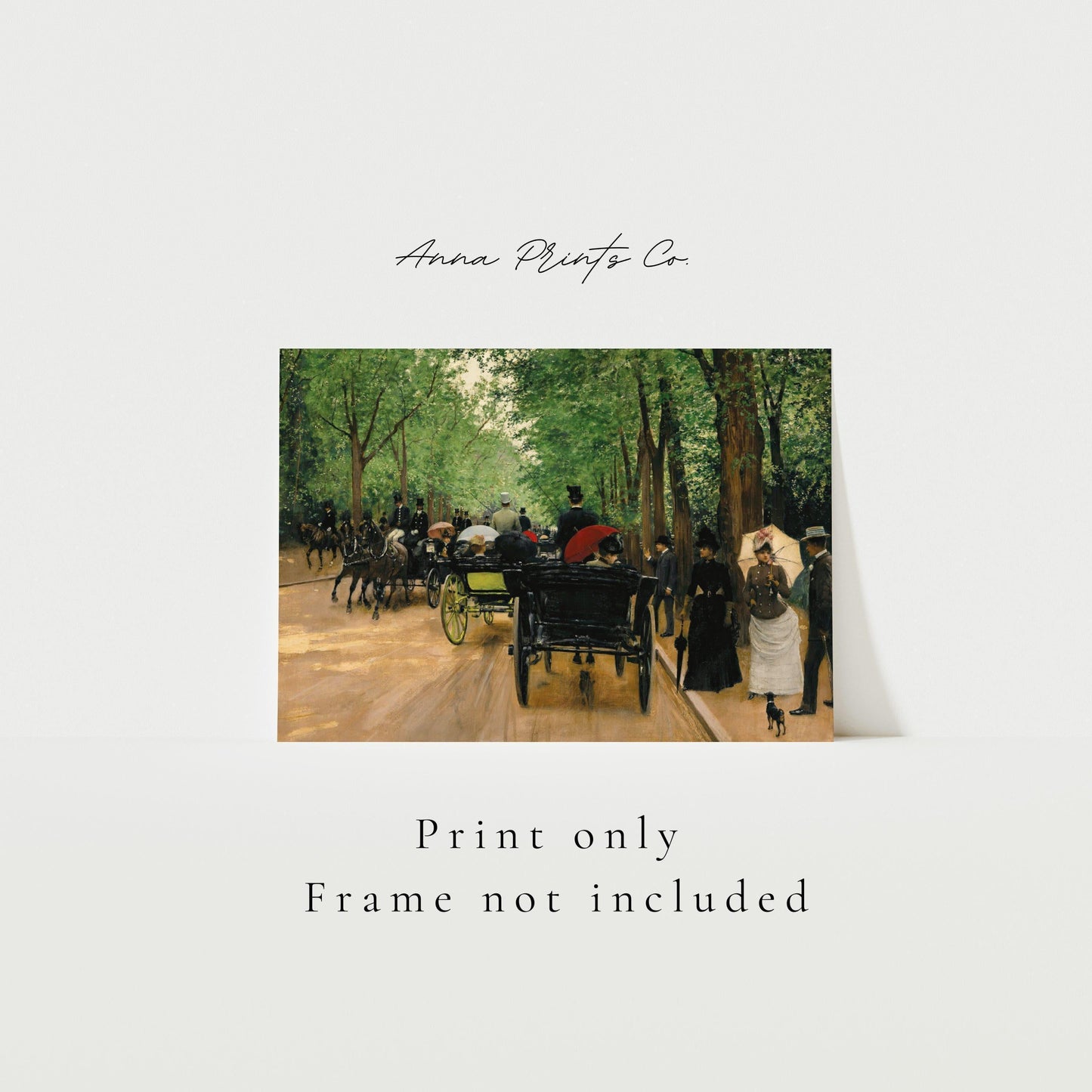 Vintage art print of Bois de Boulogne Paris Scene with text overlay stating frame not included