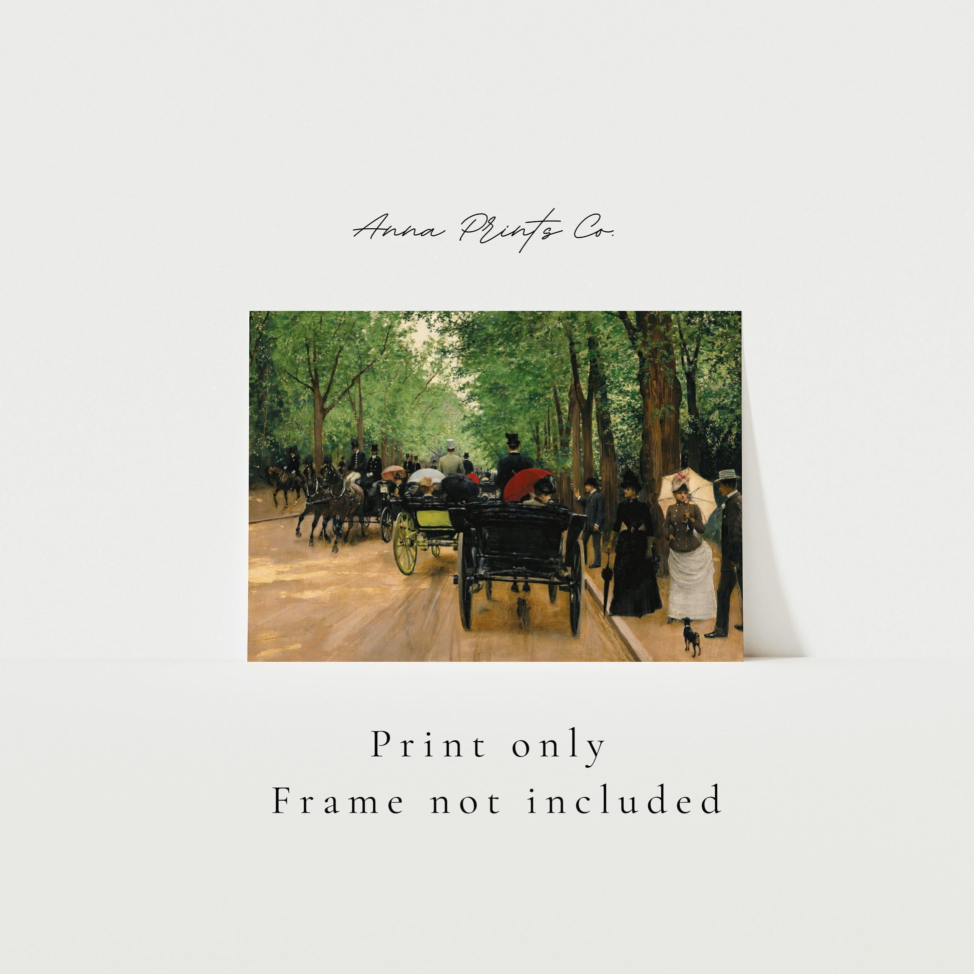 Vintage art print of Bois de Boulogne Paris Scene with text overlay stating frame not included