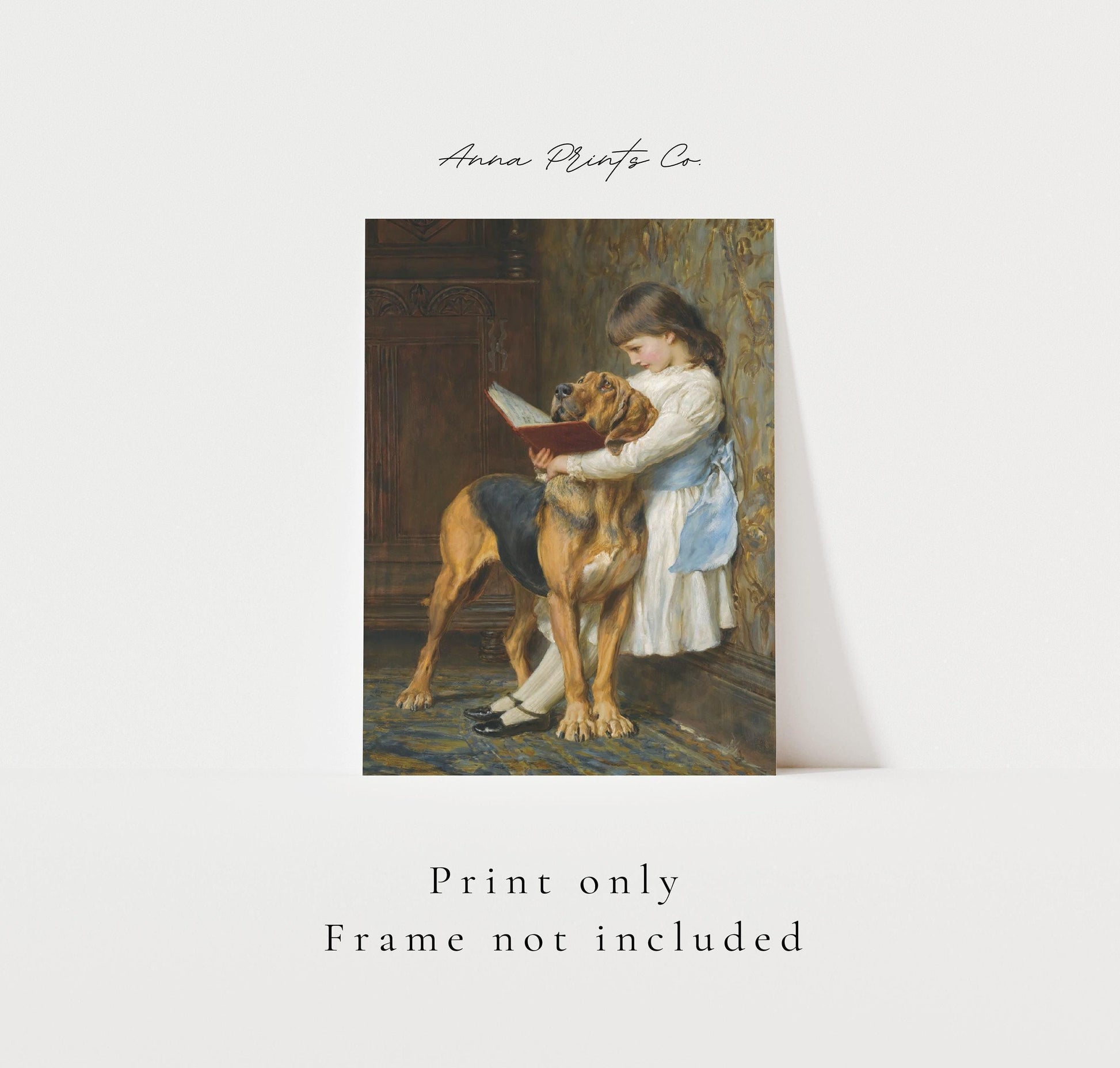Vintage art print of Girl with Dog Reading Painting with text overlay stating frame not included