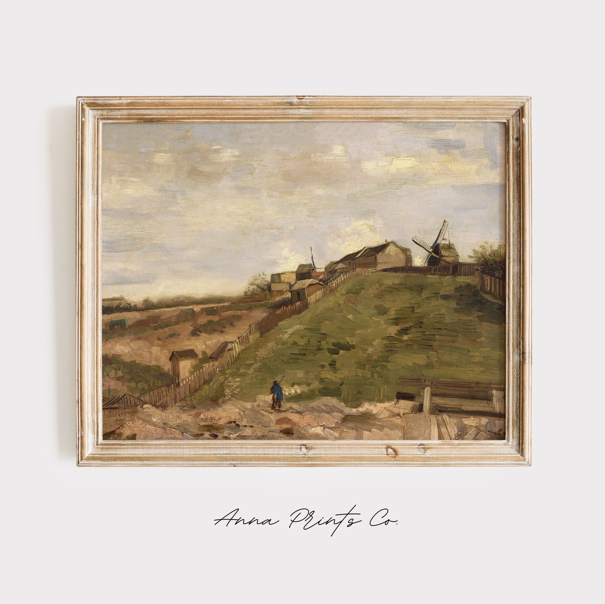 Vintage art print of The Hill of Montmartre by Van Gogh displayed in wooden frame