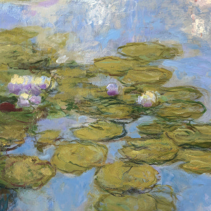 Painting of water lilies on a pond with a blue sky.