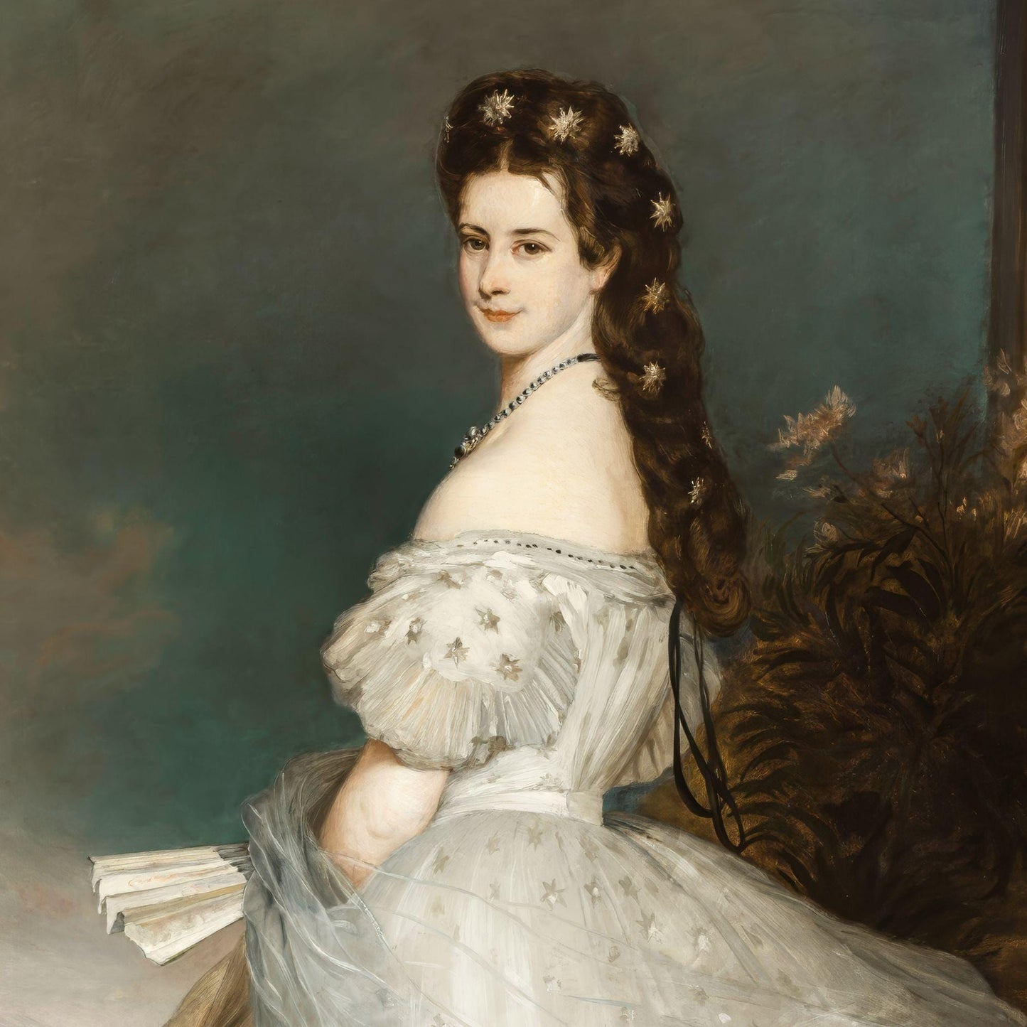 Portrait of a woman in an elegant dress with a dark background