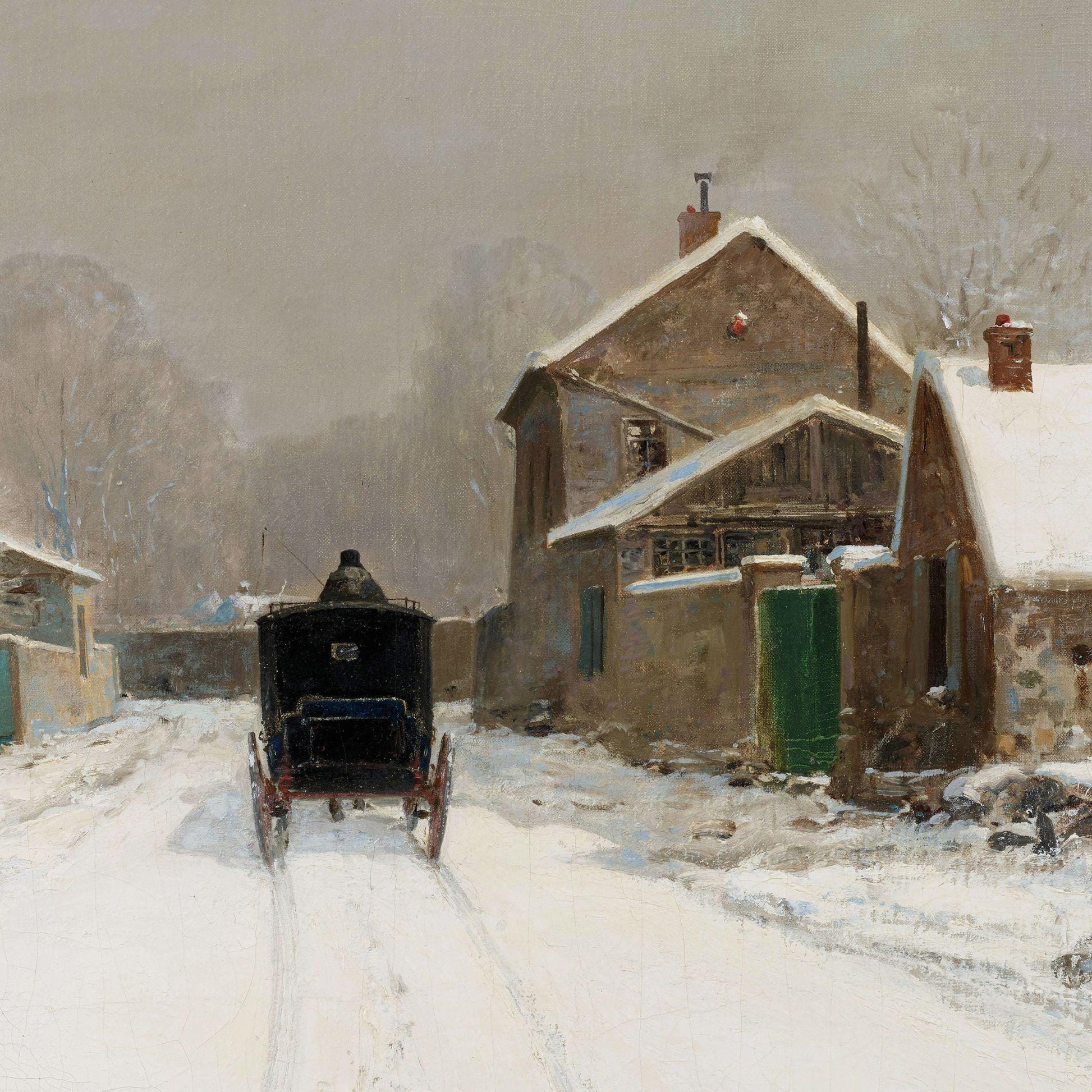 Winter scene with a horse-drawn carriage on a snow-covered street in a village.