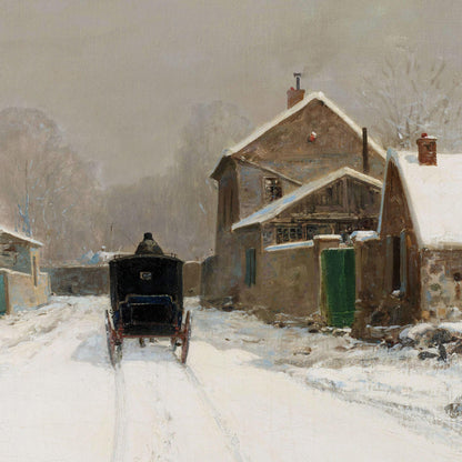 Winter scene with a horse-drawn carriage on a snow-covered street in a village.