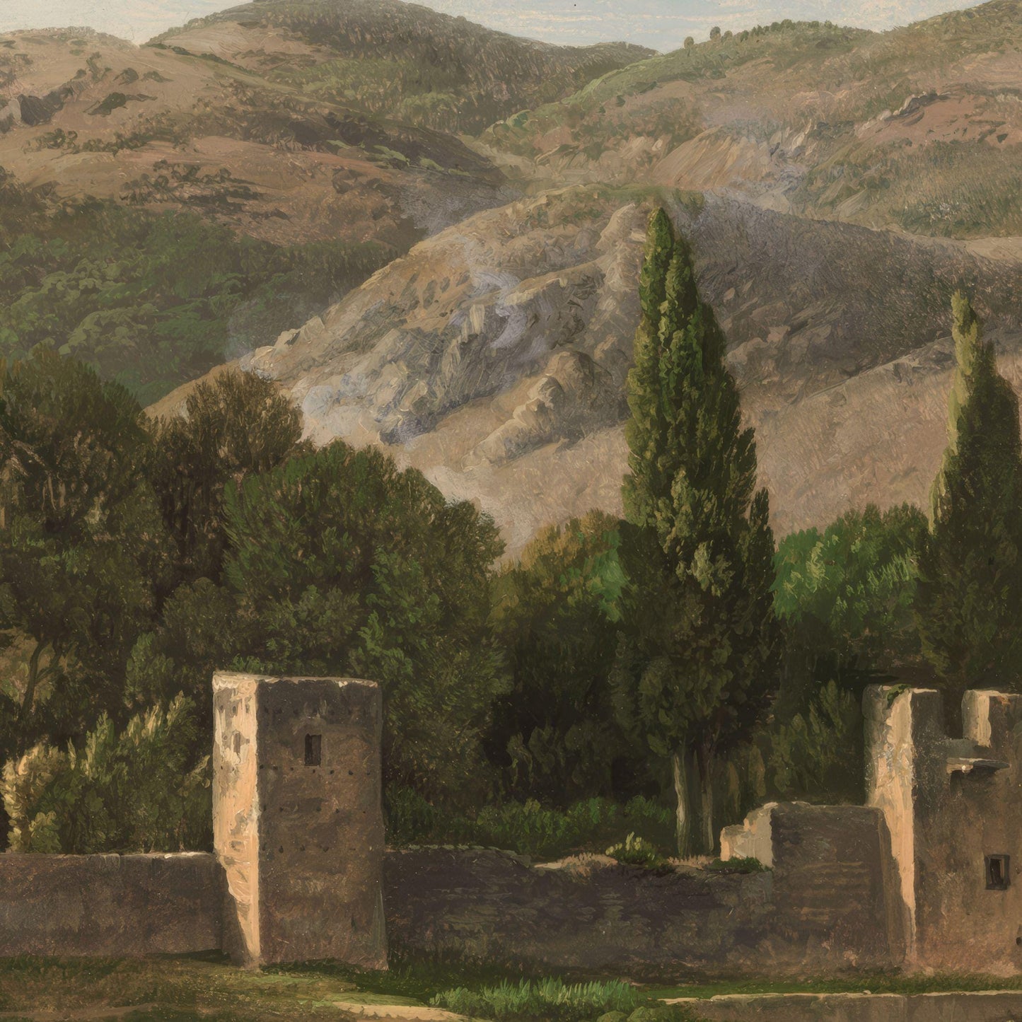 Landscape with hills, trees, and stone structures in a painting style.