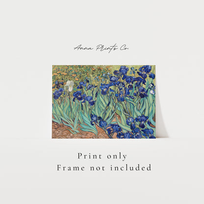 Vintage art print of Irises Painting by Van Gogh, 1889) with text overlay stating frame not included