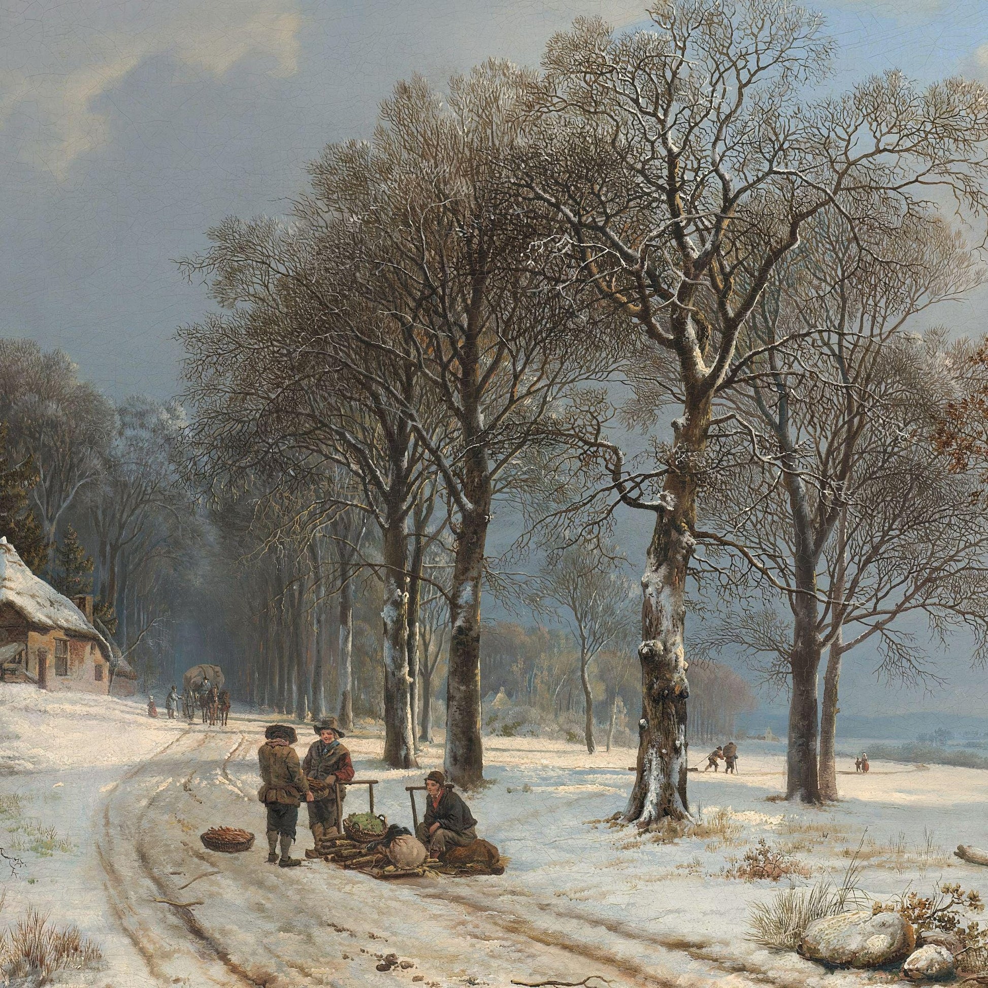 Winter landscape with people and a horse-drawn cart on a snow-covered road.