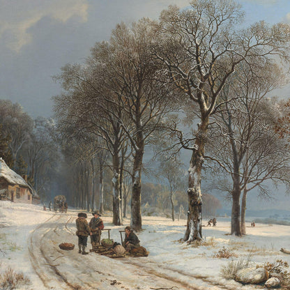 Winter landscape with people and a horse-drawn cart on a snow-covered road.