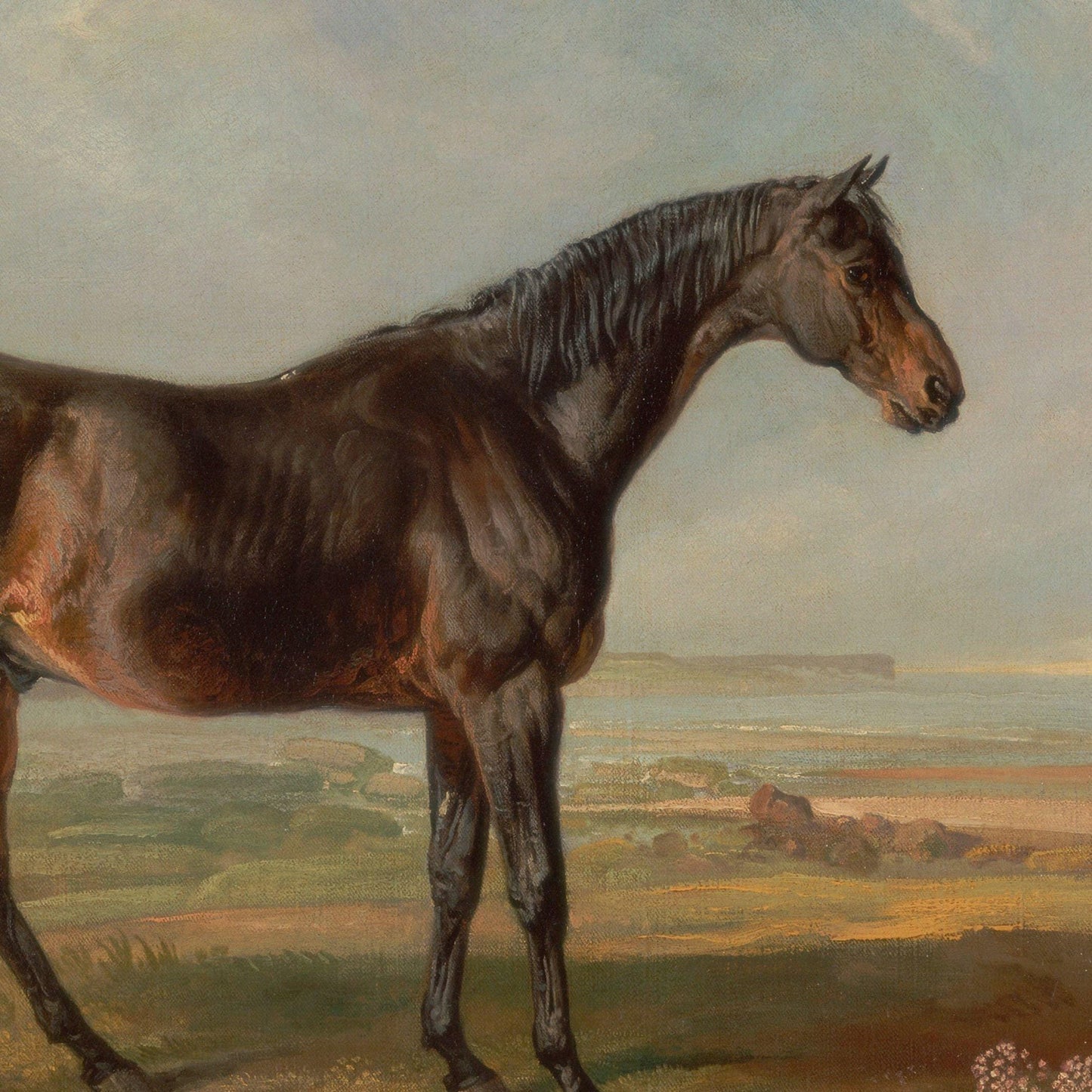 Painting of a horse standing in a landscape with a clear sky.