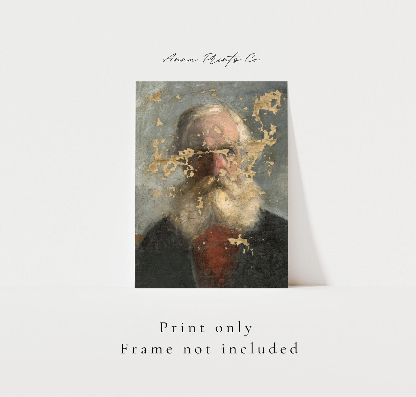 Vintage art print of Study Old Man with Beard Painting with text overlay stating frame not included