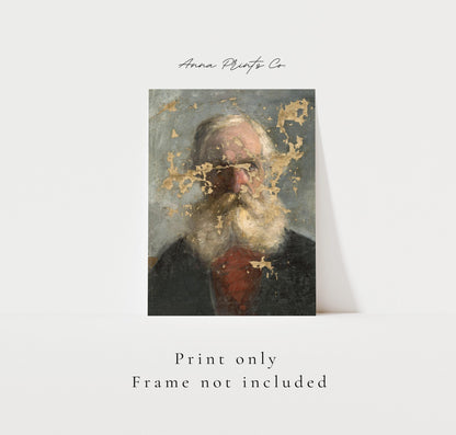 Vintage art print of Study Old Man with Beard Painting with text overlay stating frame not included