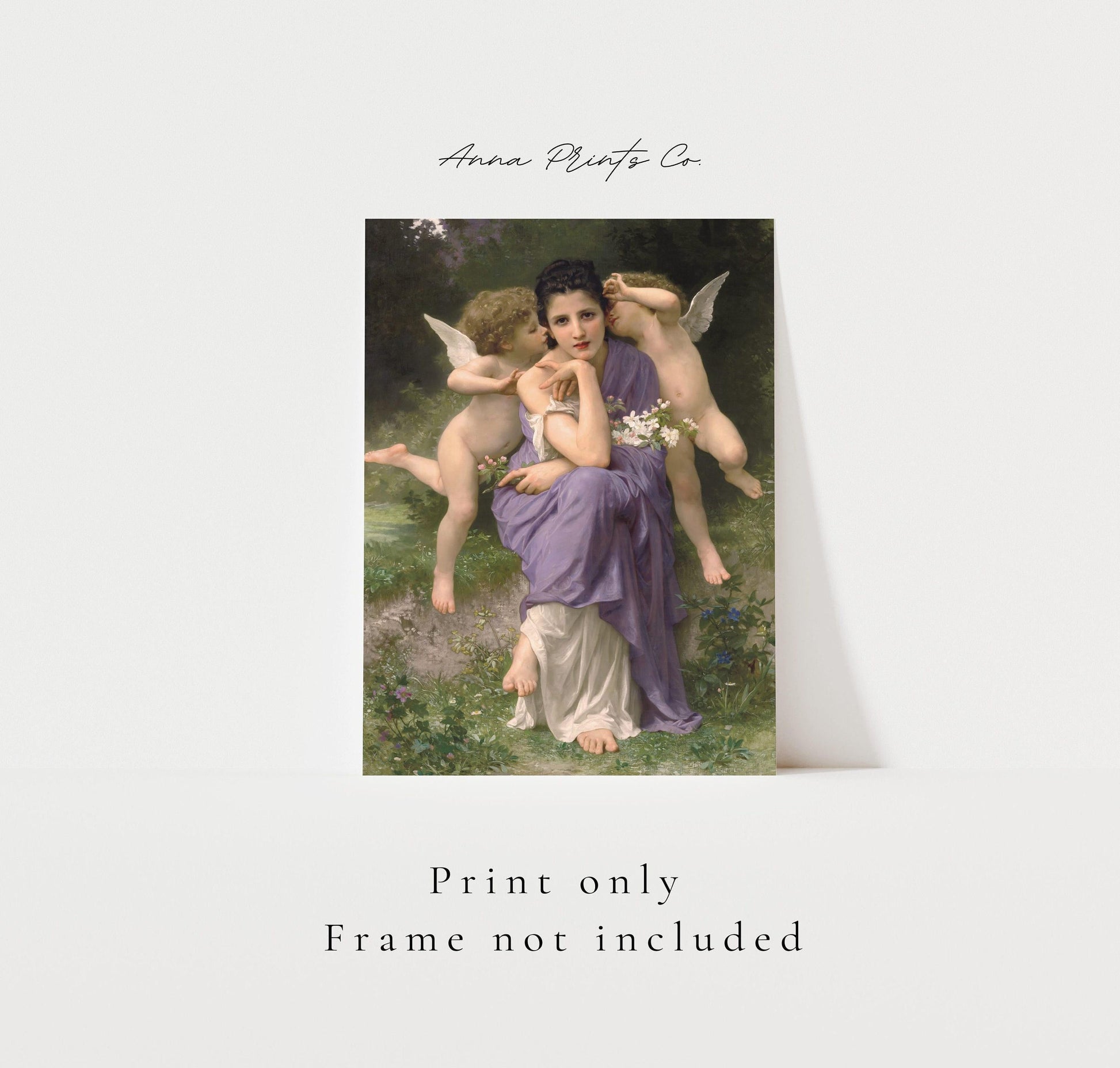 Vintage art print of Spring Songs by Bouguereau with text overlay stating frame not included