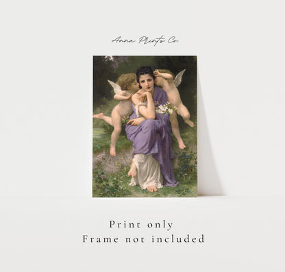 Vintage art print of Spring Songs by Bouguereau with text overlay stating frame not included