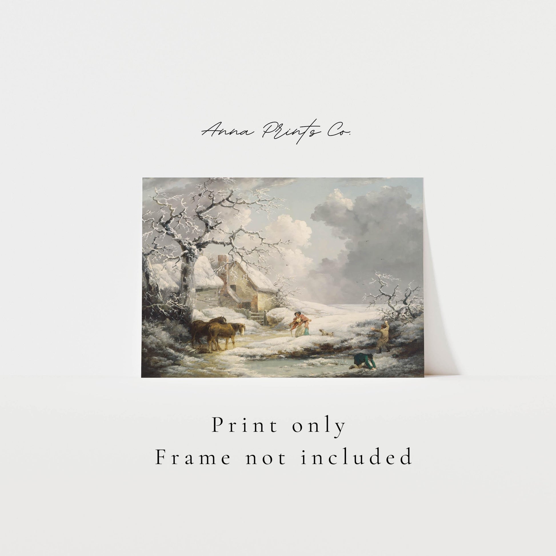 Vintage art print of Winter Landscape Country Painting with text overlay stating frame not included