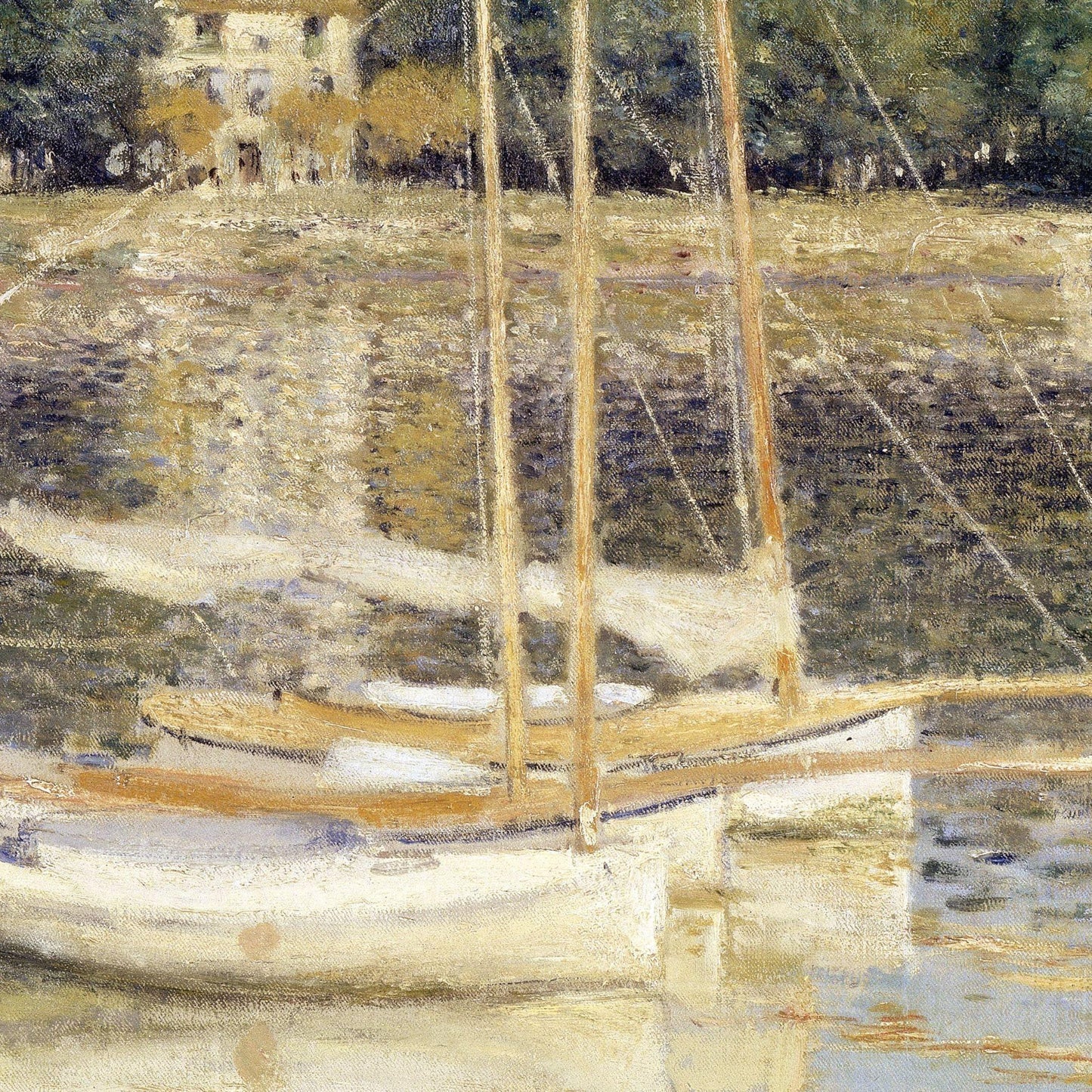 Painting of a sailboat on water with a blurred background