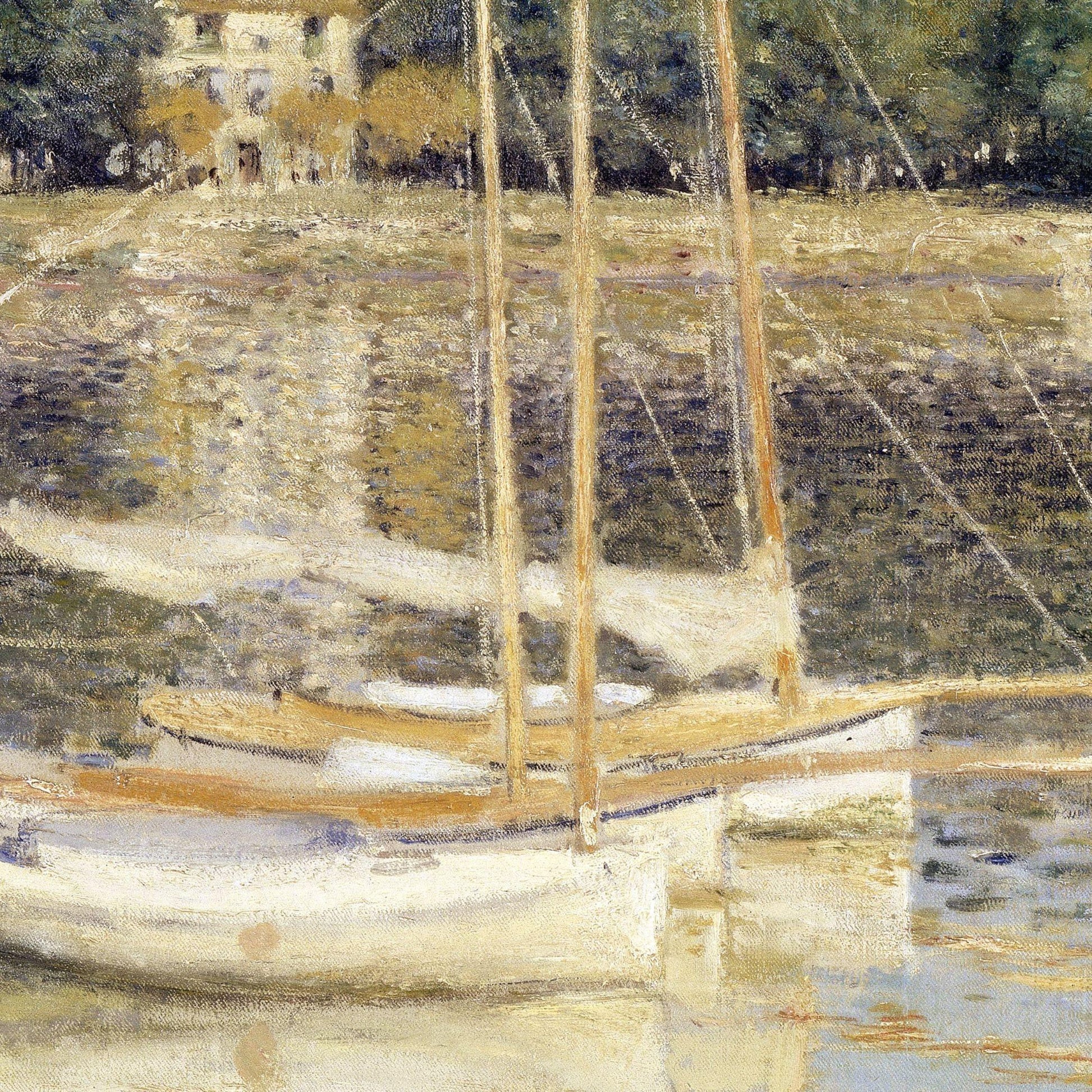 Painting of a sailboat on water with a blurred background