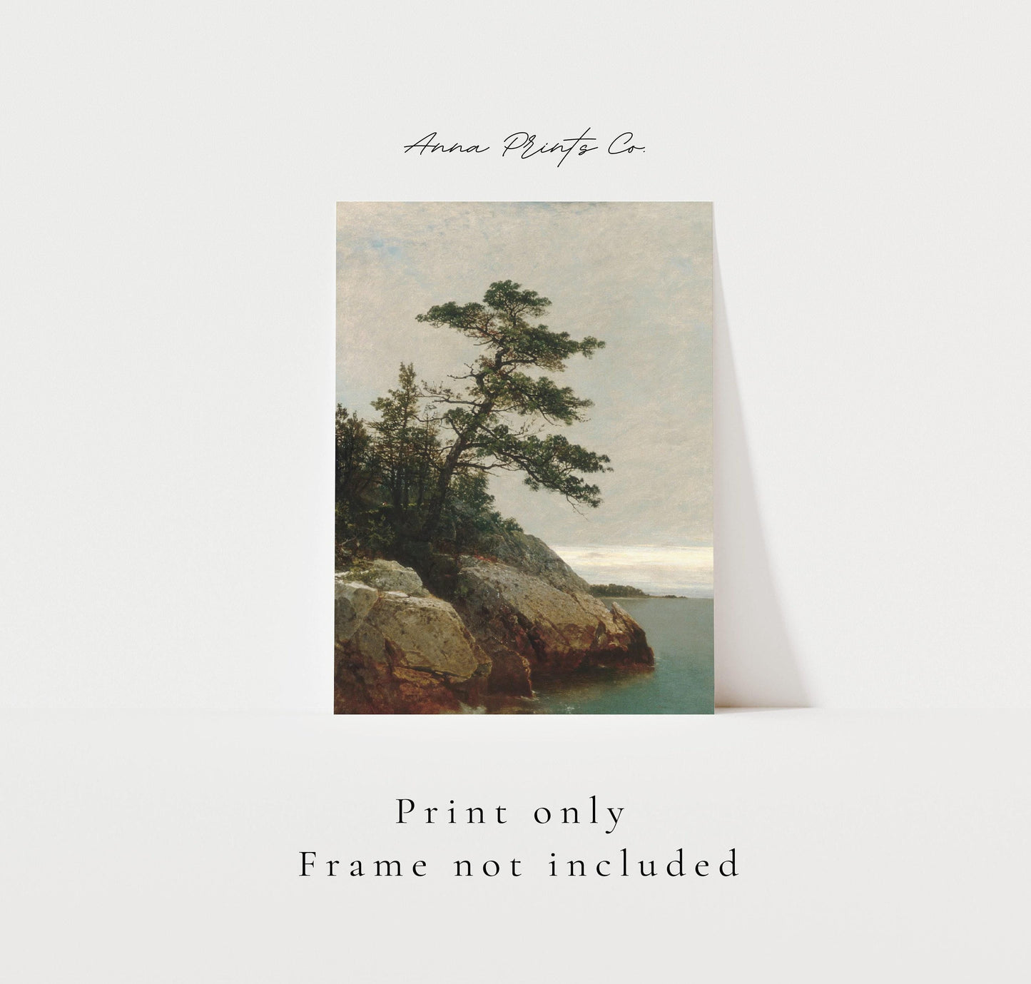 Vintage art print of Old Pine Coastal Landscape Painting with text overlay stating frame not included