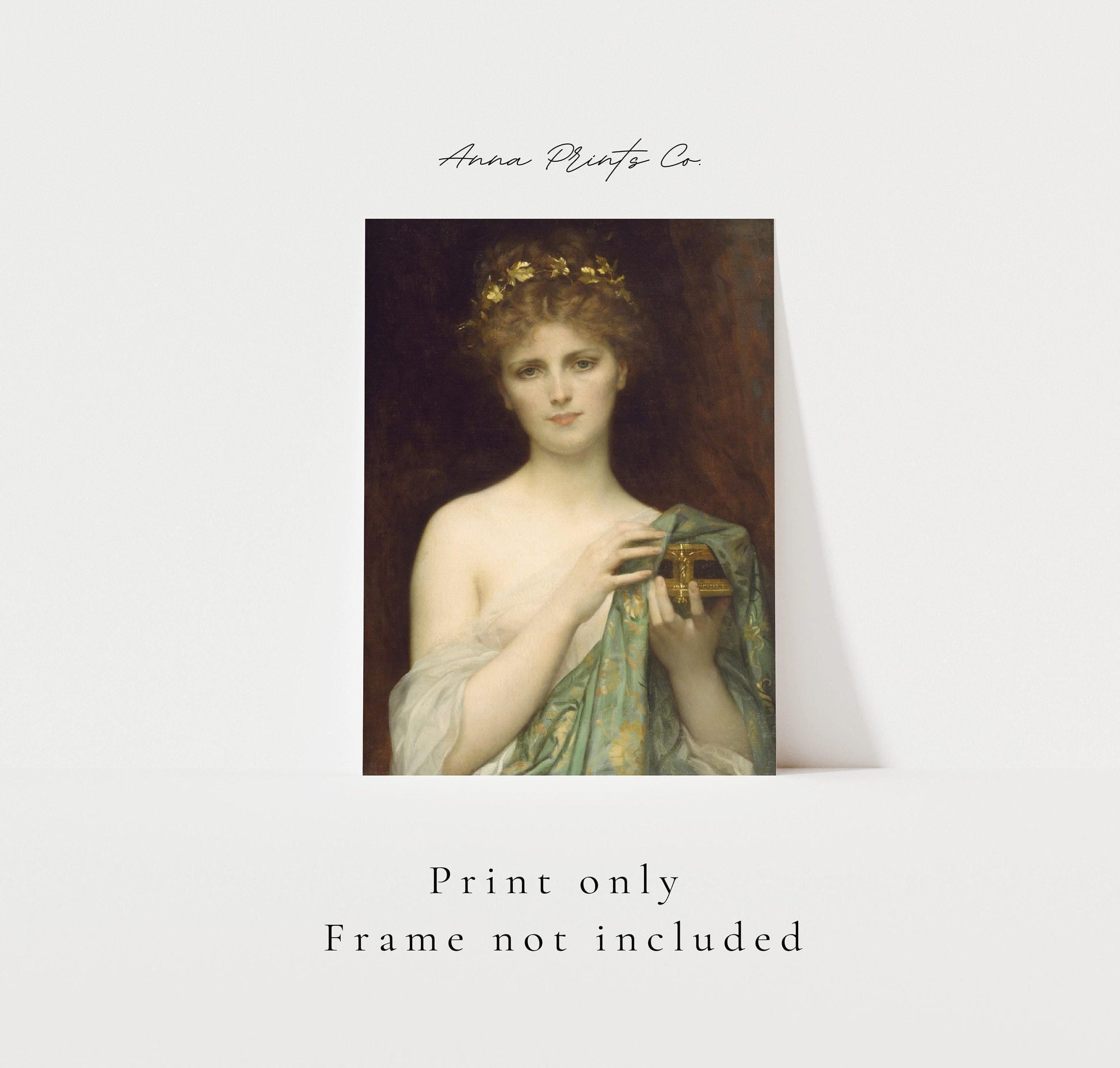 Vintage art print of Pandora Classical Painting by Cabanel with text overlay stating frame not included