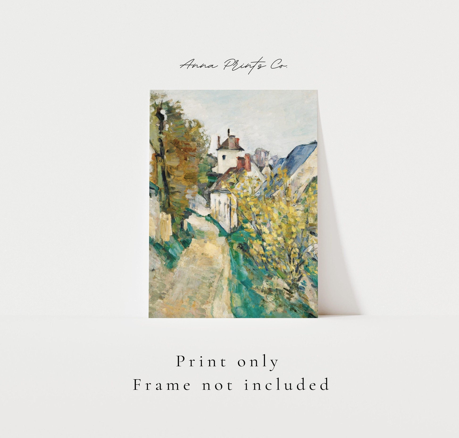 Vintage art print of The House of Dr. Gachet by Cézanne with text overlay stating frame not included