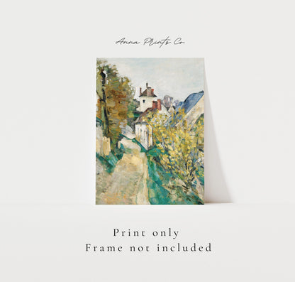 Vintage art print of The House of Dr. Gachet by Cézanne with text overlay stating frame not included