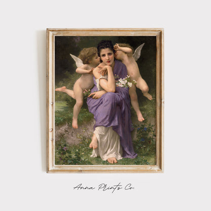 Vintage art print of Spring Songs by Bouguereau displayed in wooden frame