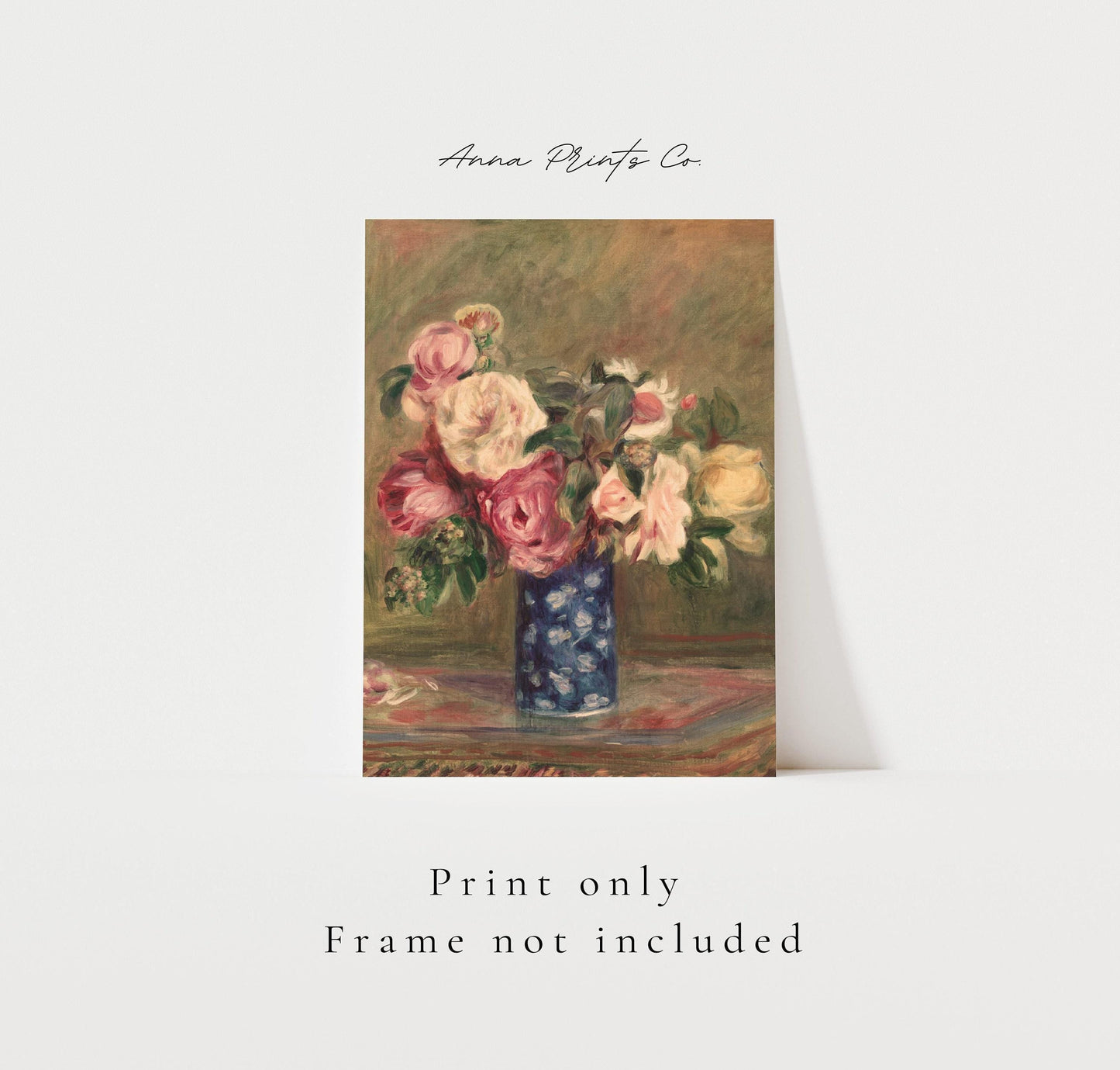 Vintage art print of Bouquet of Roses by Renoir Painting with text overlay stating frame not included