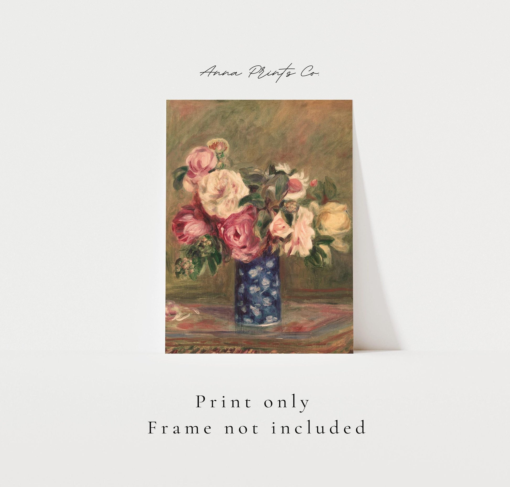 Vintage art print of Bouquet of Roses by Renoir Painting with text overlay stating frame not included