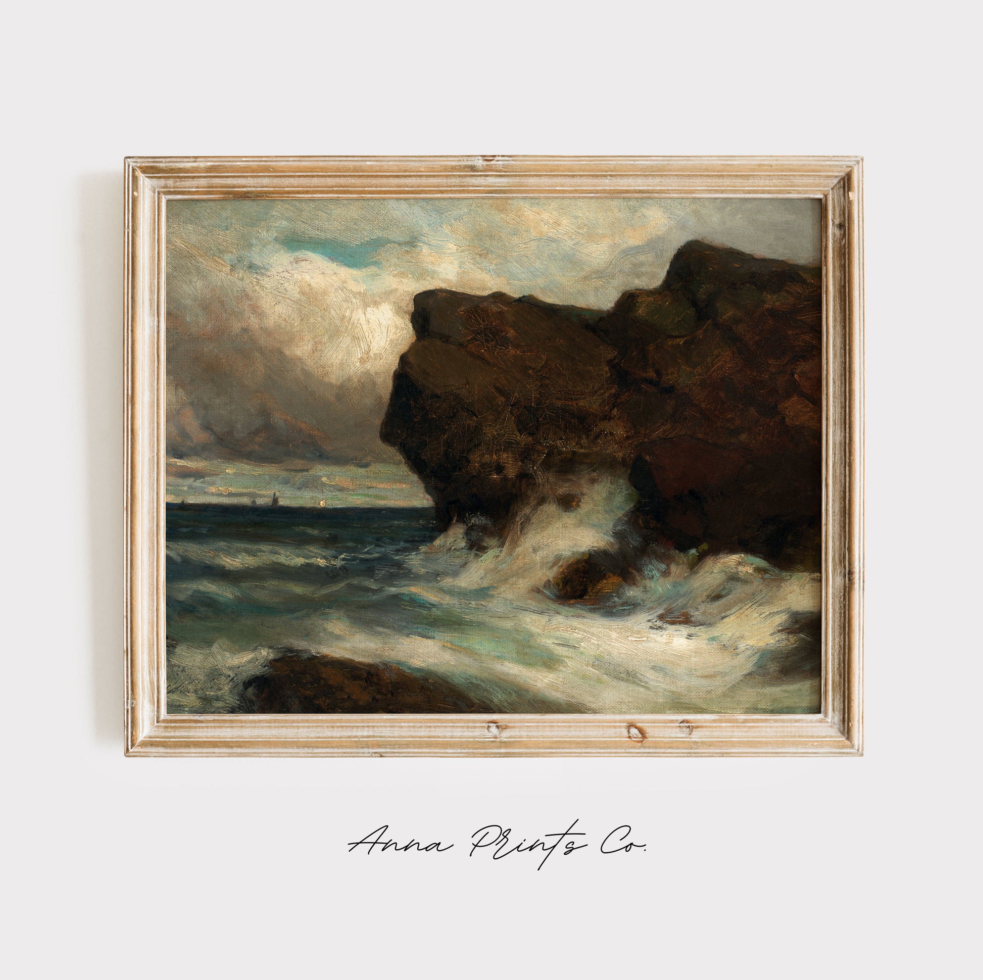 Vintage art print of Ocean Cliffs Moody Seascape displayed in wooden frame