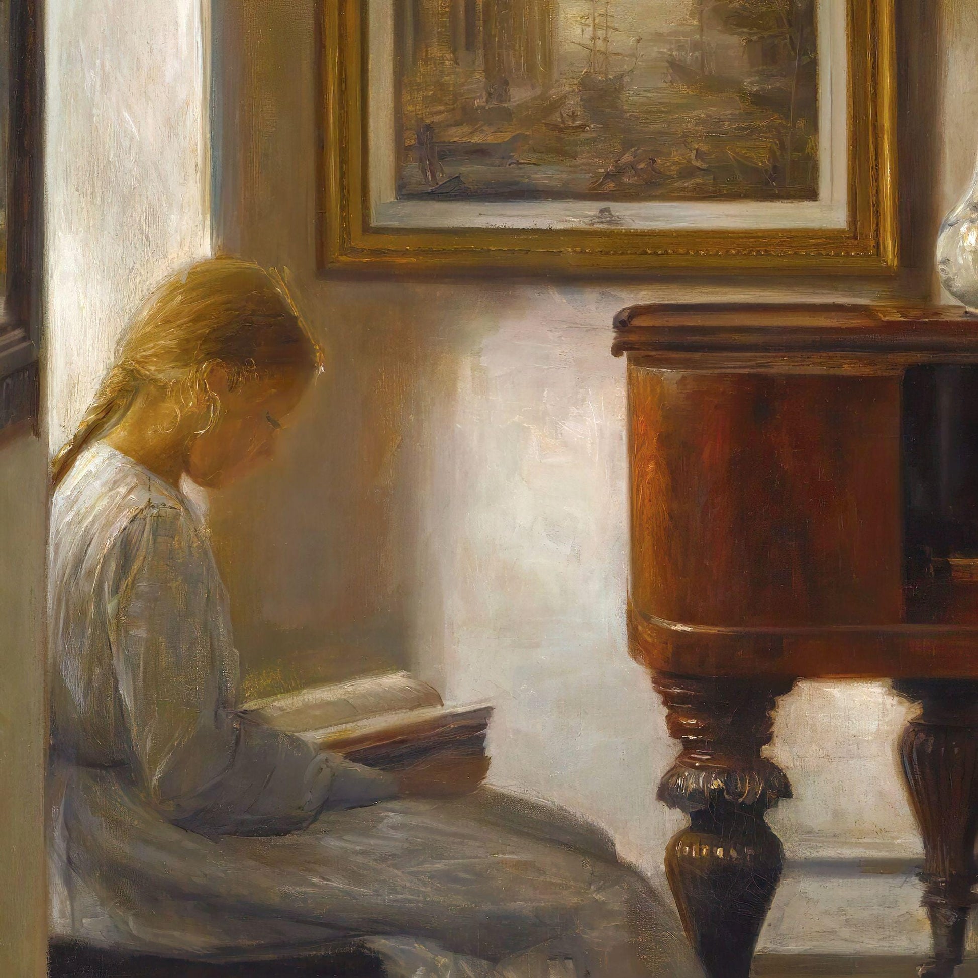 Painting of a woman sitting at a piano in a softly lit room.