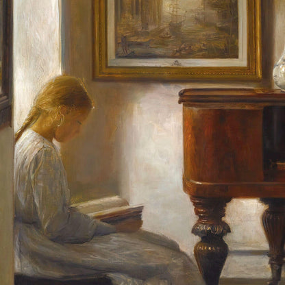 Painting of a woman sitting at a piano in a softly lit room.