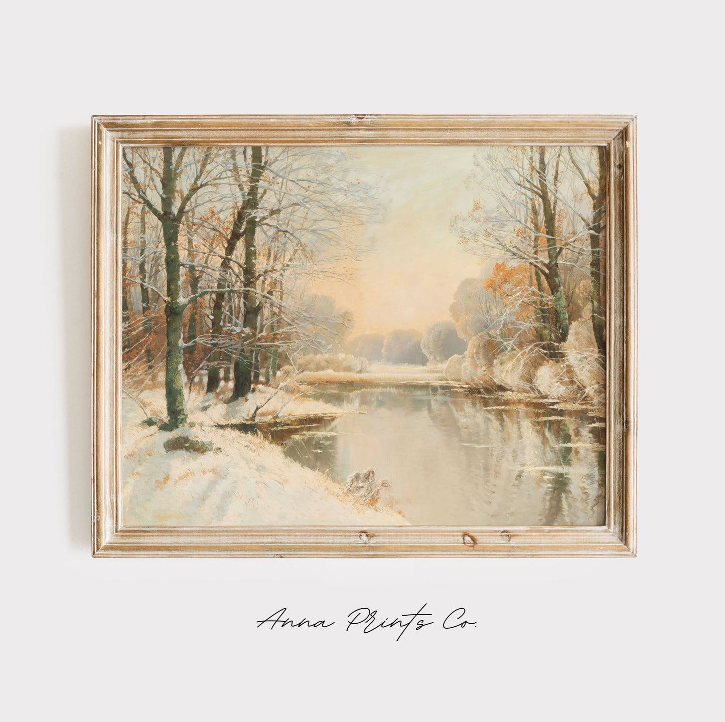 Vintage art print of Winter at Spreewald Pond Painting displayed in wooden frame