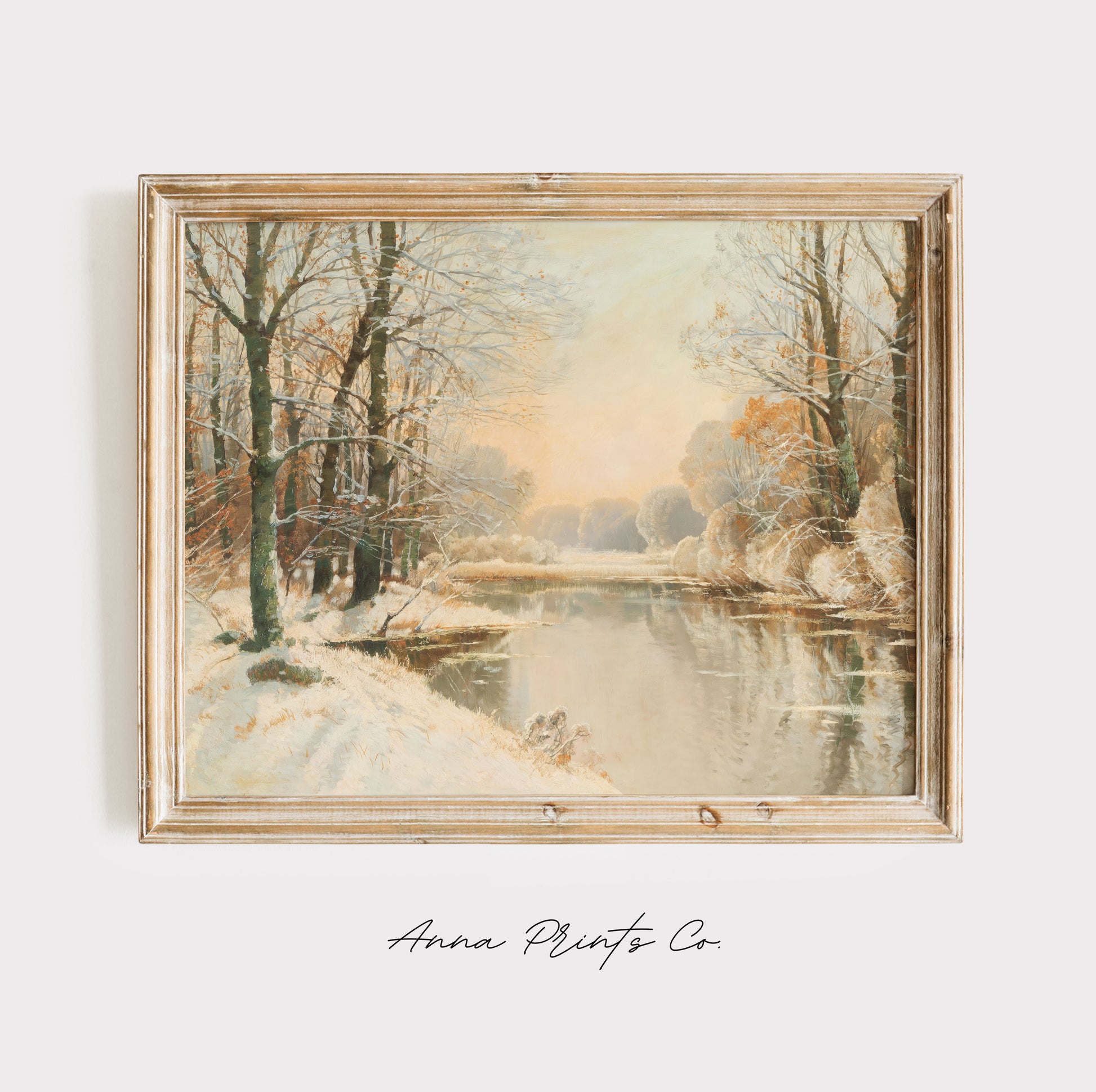 Vintage art print of Winter at Spreewald Pond Painting displayed in wooden frame
