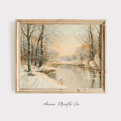 Vintage art print of Winter at Spreewald Pond Painting displayed in wooden frame