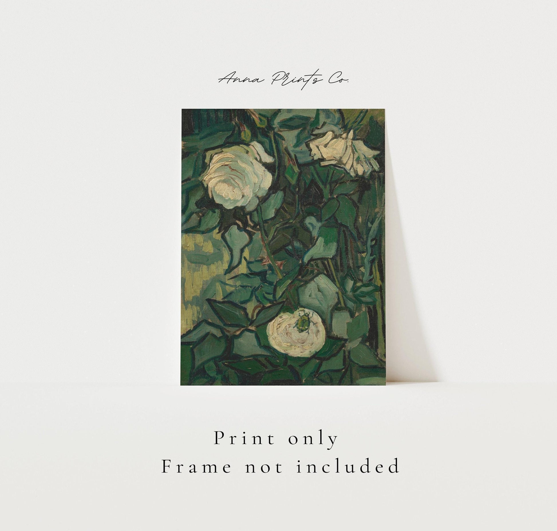 Vintage art print of Roses Painting by Van Gogh with text overlay stating frame not included