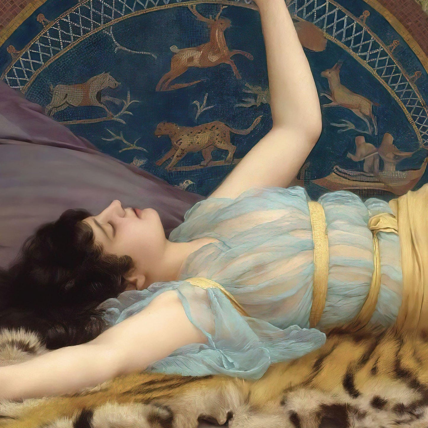 Woman in a light blue dress lying on a bed with a decorative wall and animal illustrations in the background
