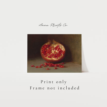 Vintage art print of Pomegranate Moody Kitchen Artwork with text overlay stating frame not included