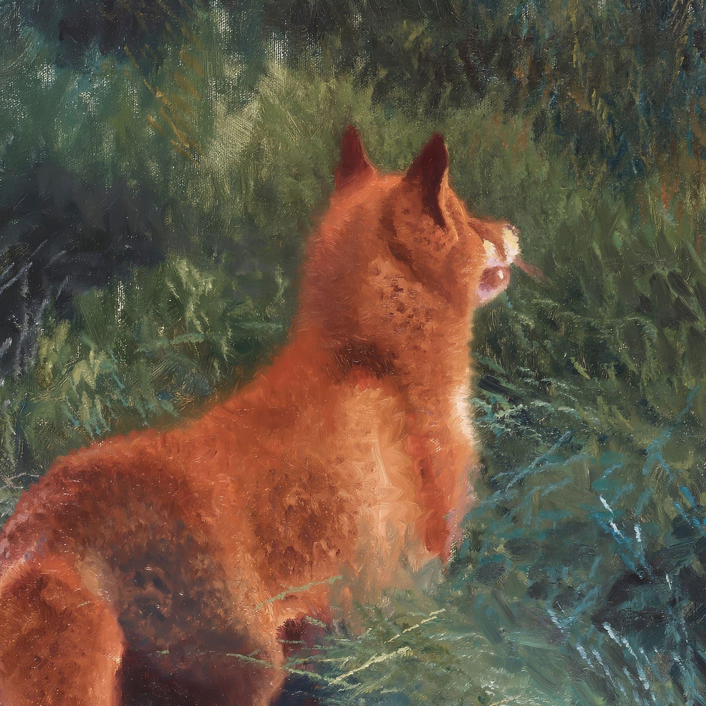 Painting of a red fox sitting in a grassy field