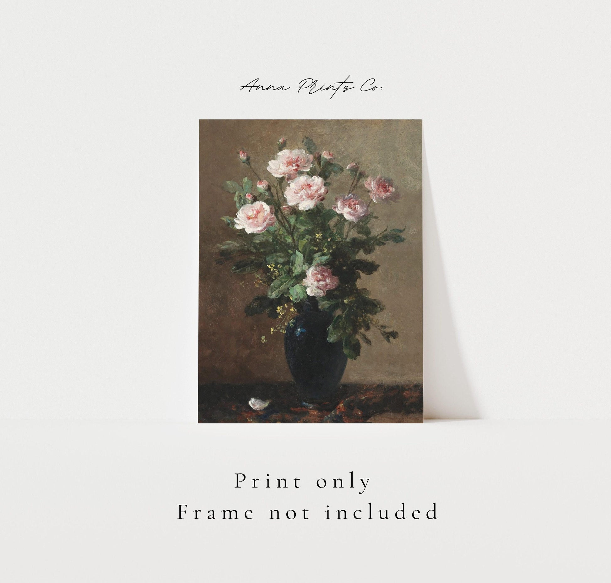 Vintage art print of Bouquet of Roses Still Life Painting with text overlay stating frame not included