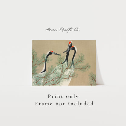 Vintage art print of Momoyogusa Japanese Crane Artwork with text overlay stating frame not included