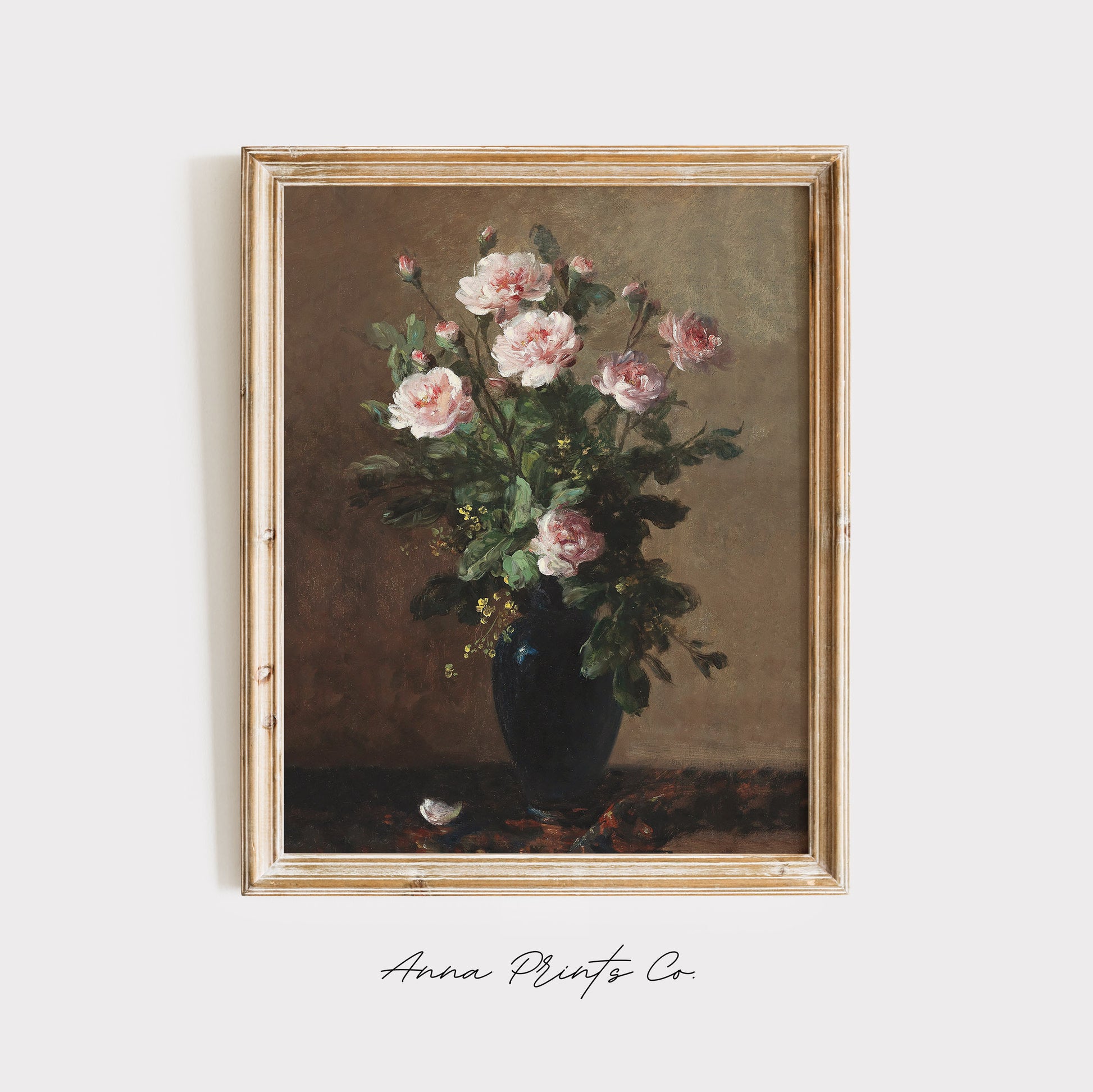 Vintage art print of Bouquet of Roses Still Life Painting displayed in wooden frame