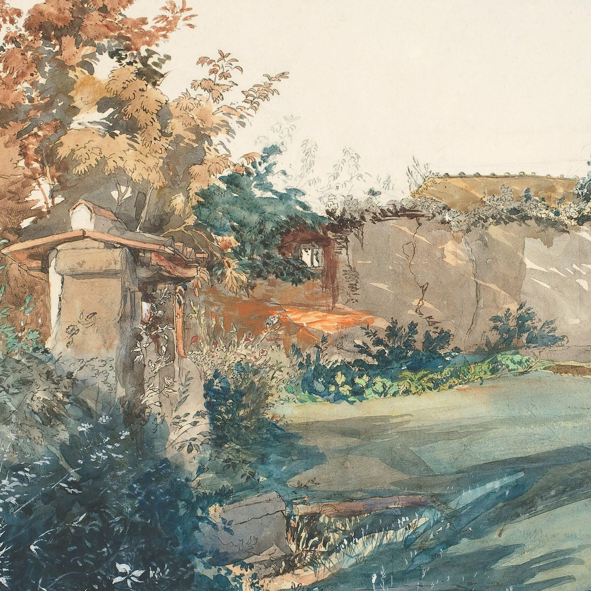 Painting of a rustic landscape with a building and trees
